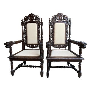 Pair Antique French Arm Chairs Dining Renaissance Carved Oak Bird Black Forest For Sale