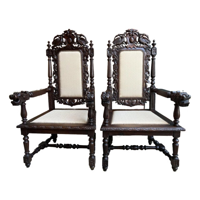 Pair Antique French Arm Chairs Dining Renaissance Carved Oak Bird Black Forest For Sale