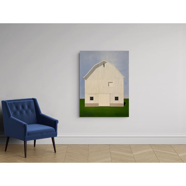 El Guapo by Justin Wheatley | Acrylic on Canvas White Barn With Green Field For Sale In Denver - Image 6 of 11