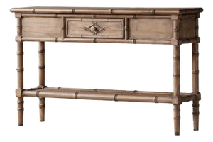 Matthew Izzo Home Faux Bamboo One Drawer Console Table With Rattan Weave Open Shelf