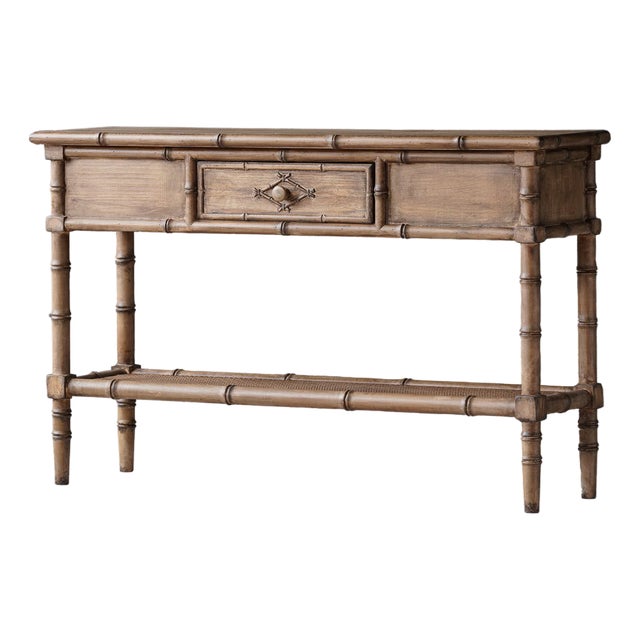 Matthew Izzo Home Faux Bois One Drawer Console Table With Lower Rattan Weave Open Shelf For Sale