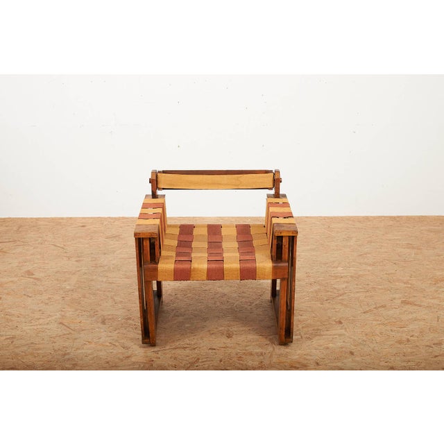 Bauhaus Viennese Armchair in Wooden Construction and Upholstered with Beige Red Linen Bands For Sale - Image 3 of 15