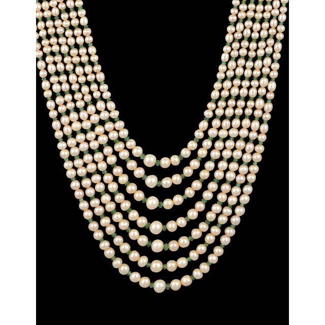 7Layer Fresh Water Pearl , Emerald Bead + 14K Spacer Clasp Opera Length Necklace For Sale - Image 16 of 18
