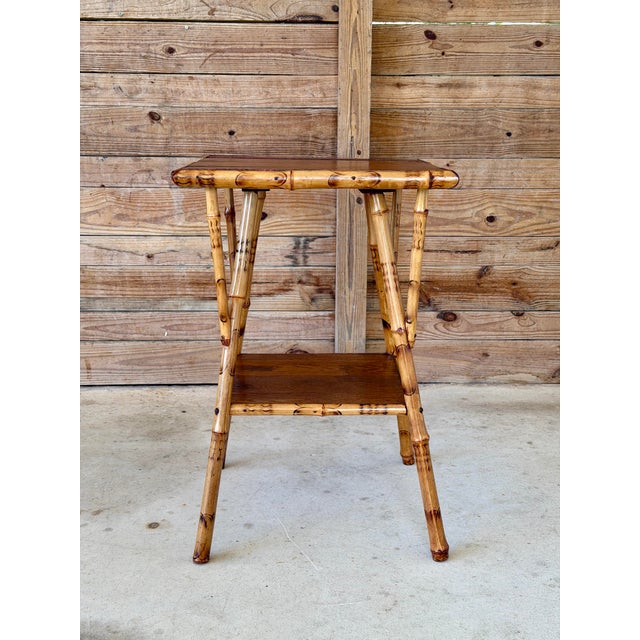Antique Scorched Bamboo Two-Tier Side Table With Wood Shelves For Sale - Image 12 of 12