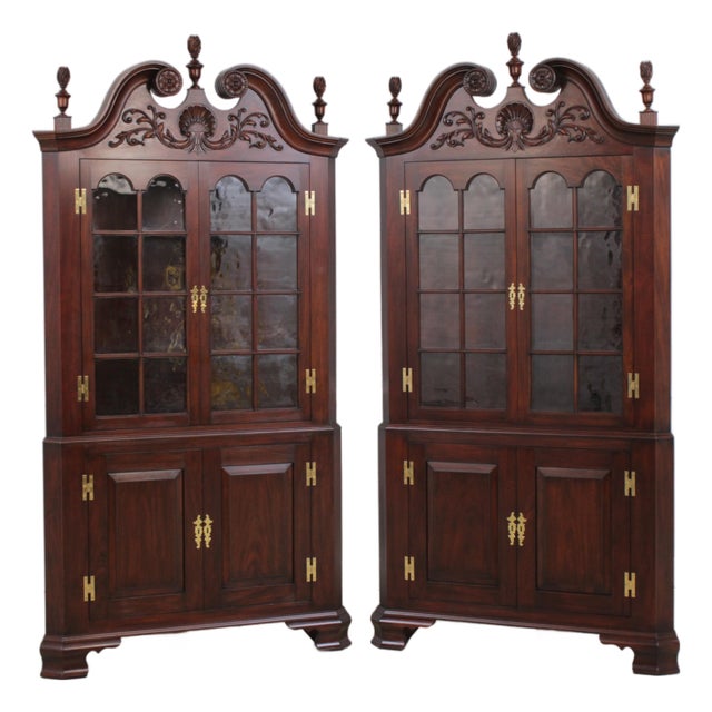 Pair Henkel Harris Chippendale Mahogany Corner Cabinets For Sale