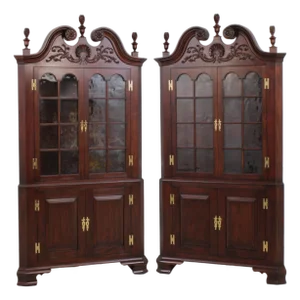 Pair Henkel Harris Chippendale Mahogany Corner Cabinets