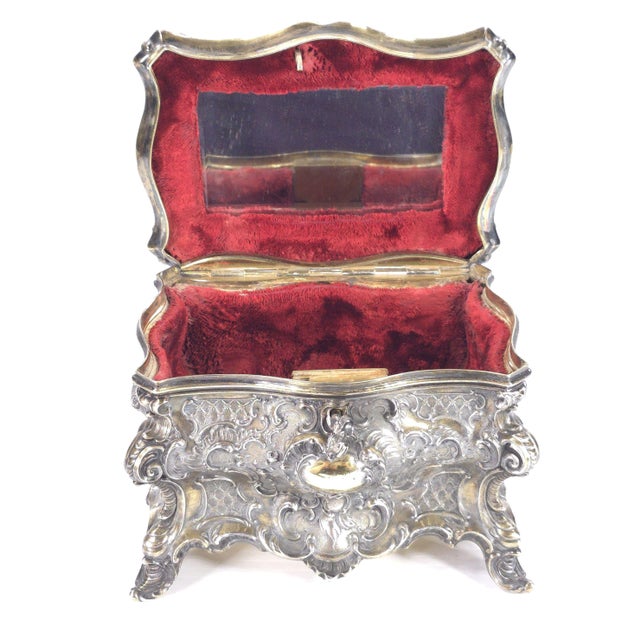 Gilded Age European Silver Rococo Jewelry Casket Topped With Angel Admiring Herself For Sale In New York - Image 6 of 15