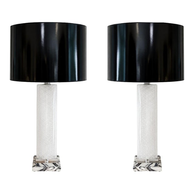 Square Pair of Vintage Murano Latticino Lamps by Dino Martens For Sale
