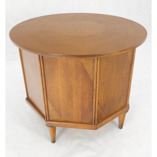 Mid Century Modern Round Top Hexagon Two Door Cabinet Base Brass Ring Drop Pulls Walnut Side End Table Stand