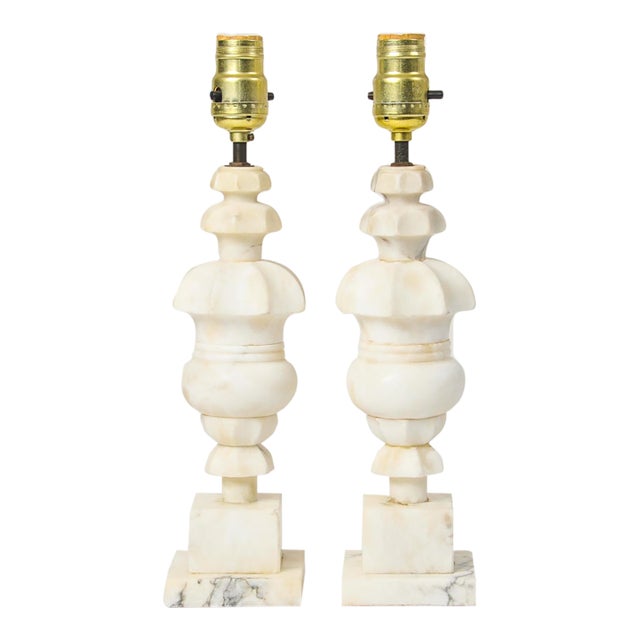 Vintage Italian Carved Stone Alabaster Table Lamp - Pair For Sale