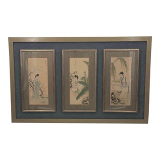 Vintage Chinese Original Hand Painted Silk Chinoiserie Garden Ladies Triptych For Sale