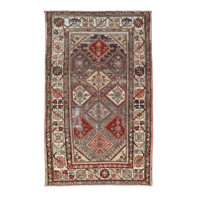 Beautiful Antique Persian Bakhitari Rug in Diamond Patten in Gray & Multi Colors 4'1 X 7 For Sale
