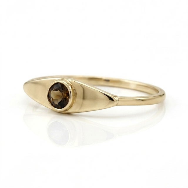 Contemporary Smoky Quartz Signet Ring | 18k Yellow Gold Plated Modern Evil Eye Band | Dainty Stacking Ring Us 7 For Sale - Image 3 of 3