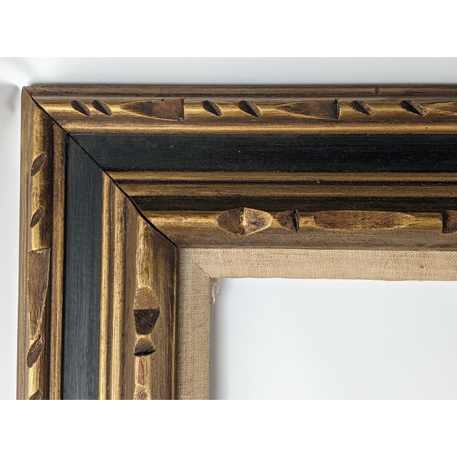 Large Vintage Carved Wood Picture Frame in Gold & Deep Blue With Cream Linen Liner For Sale - Image 12 of 15