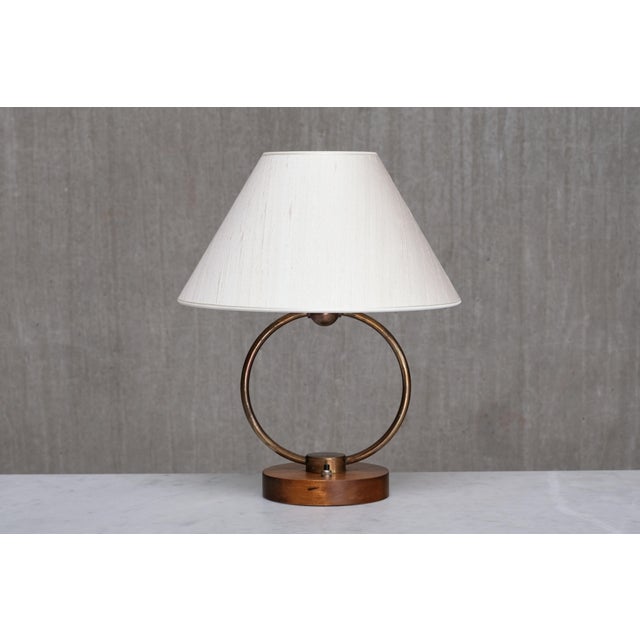 Scandinavian Modern Ring Table Lamp in Brass, Walnut and Silk, Sweden, 1940s For Sale - Image 11 of 11