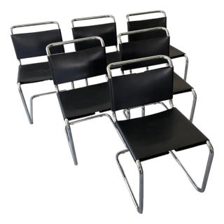 1970s Leather Black Chrome Knoll Attributed Spoleto B33 Style Chairs - Set of 6 For Sale
