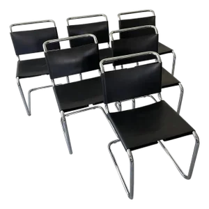 1970s Leather Black Chrome Knoll Attributed Spoleto B33 Style Chairs - Set of 6