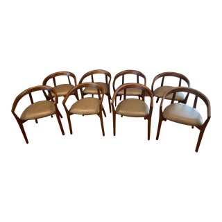 Crate & Barrel Cullen Shiitake Stone Round Back Leather Dining Chairs- Set of 8 For Sale