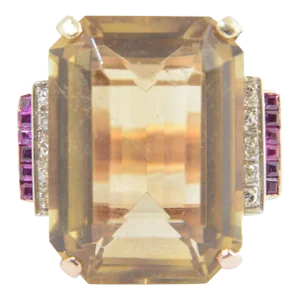 Retro Citrine Synthetic Ruby Diamond Gold Cocktail Ring size 11