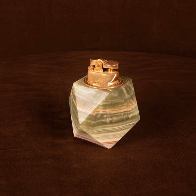 Metal Italian Geometric Green Onyx and Brass Table Lighter, 1970 For Sale - Image 7 of 15