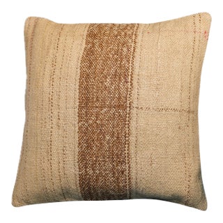 Woven Hemp Accent Pillow, Ivory Cream Bold Brown Stripe Cushion, Handwoven Turkish Pillow With Insert, 16x16 In For Sale