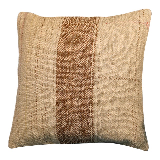 Woven Hemp Accent Pillow, Ivory Cream Bold Brown Stripe Cushion, Handwoven Turkish Pillow With Insert, 16x16 In For Sale