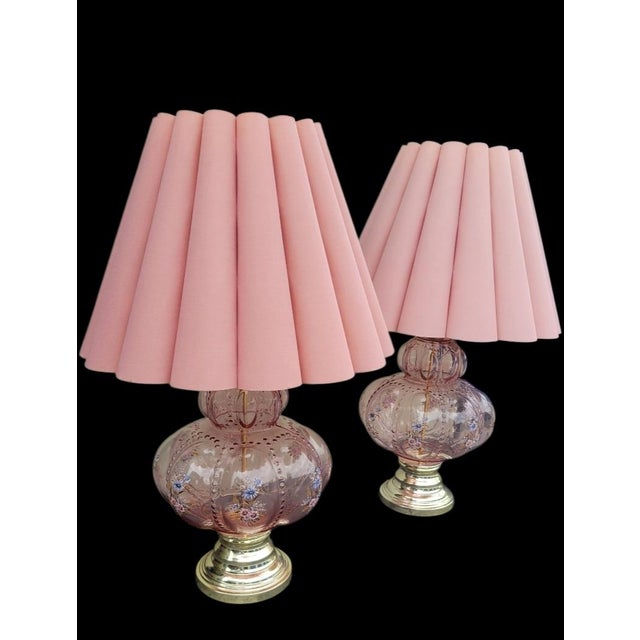 Vintage Carl Falkenstein Double Bubble Glass Pale Pink Hob Knob Painted Table Lamps Pink Pleated Shades- A Pair For Sale - Image 9 of 12