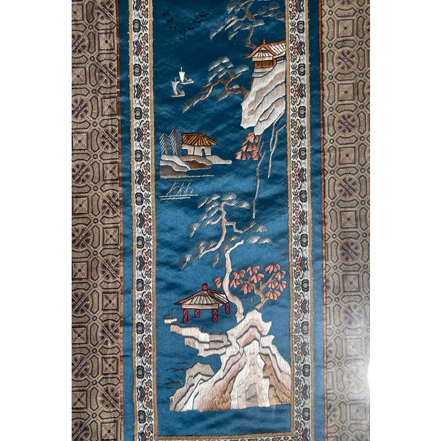 Blue Three Antique Chinese Chinoiserie Embroidered Silk Oanels Framed For Sale - Image 8 of 11