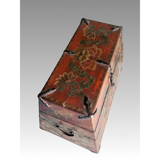 Red Certified Antique Chinese Trapezoid Dragon & Cloud Box / Iron Bound Wood Chest With Original Iron Fittings For Sale - Image 8 of 11