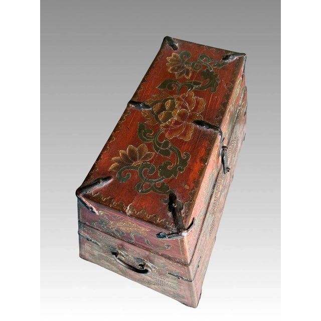 Early 20th Century Certified Antique Red Lacquer Chinese Trapezoid Dragon & Cloud Box / Iron Bound Wood Chest With Original Iron Fittings For Sale - Image 5 of 10