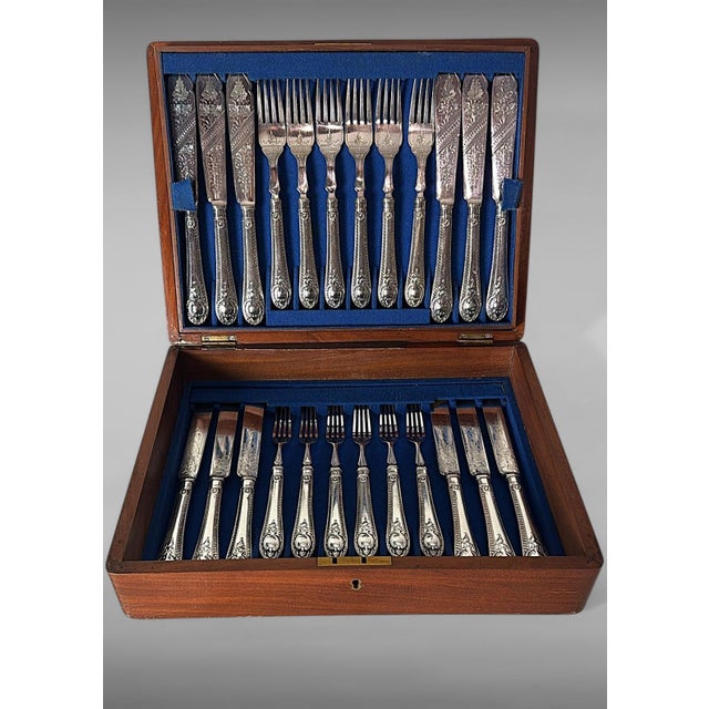 Victorian Late 19th Century Victorian English Wooden Box With a Complete Silver-Plated Flatware - 48 pcs For Sale - Image 3 of 18