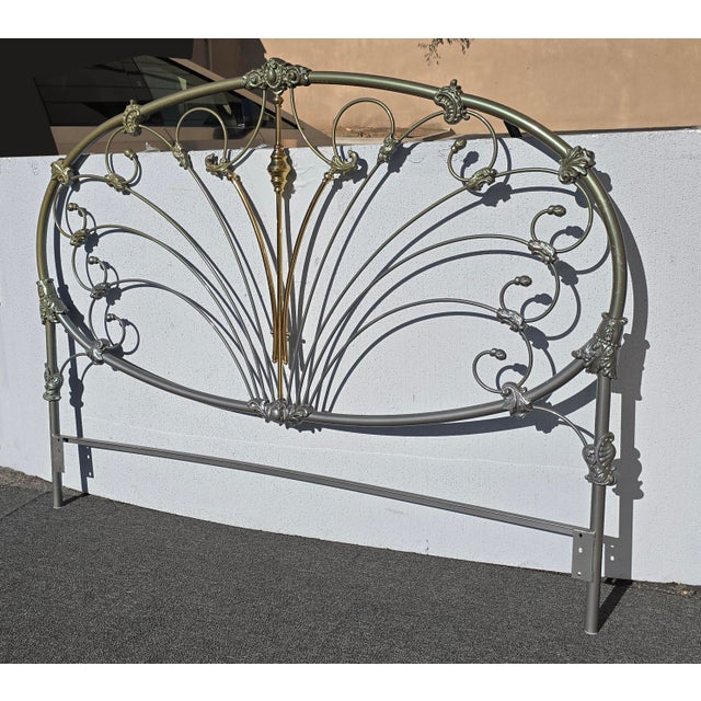 Vintage French Elliott's Designs Iron Gold Silver King Headboard & Footboard For Sale - Image 4 of 12