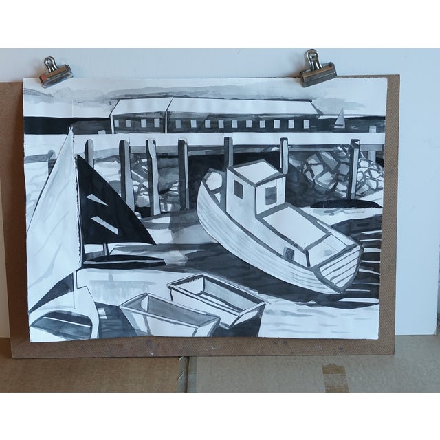 This is a scene in Provincetown, Massachusetts. I used brush and ink on good quality watercolor paper, with collage paper...