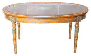 Vintage Italian Oval Coffee Table in Painted Wood, Perpetual Glass and Woven Wicker, 1960s