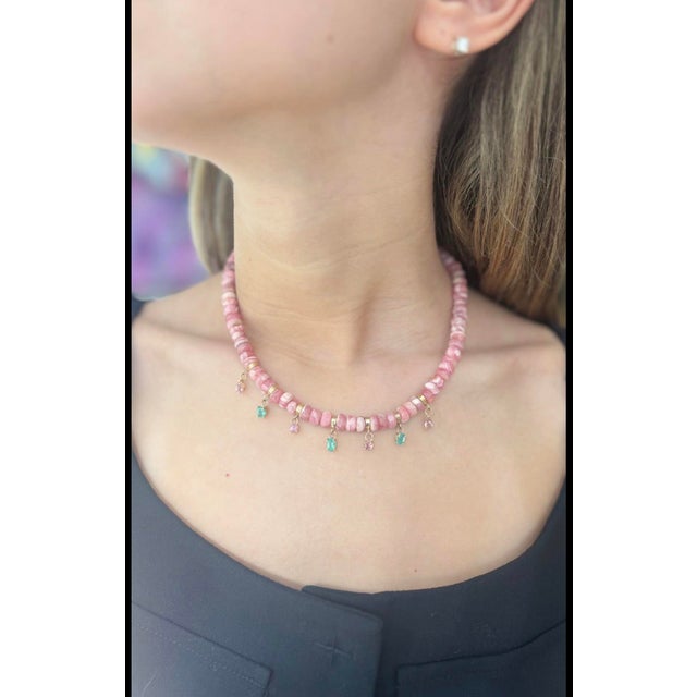 Metal Rhodochrosite Rondelle Fringe Necklace With Pink Spinel, Emeralds & 14k Gold For Sale - Image 7 of 12