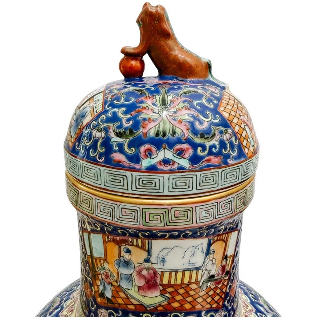 Mid 20th Century Monumental 21" Chinese Famille Rose Medallion Porcelain Palace Jars With Foo Dog Lids For Sale - Image 12 of 14