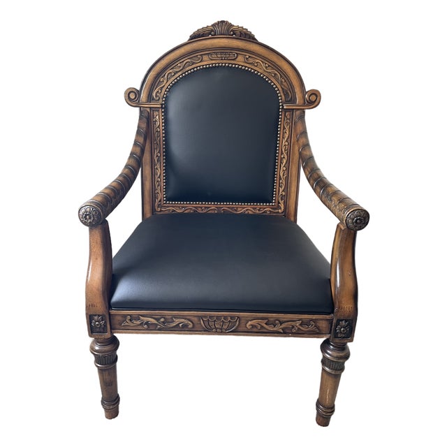 Late 20th Century Carved Throne Armchair With Black Leather Upholstery and Nailhead Trim For Sale