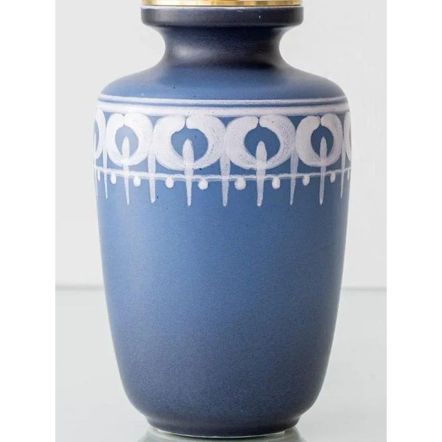 Vintage Blue and White Ceramic Table Lamp with New Liberty London Lampshade For Sale - Image 4 of 12