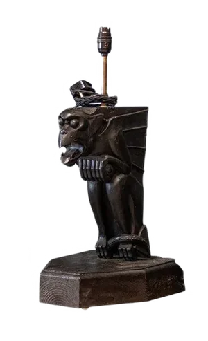 Ebonised Carved Winged Serpent Gargoyle Table Lamp, 19th Century