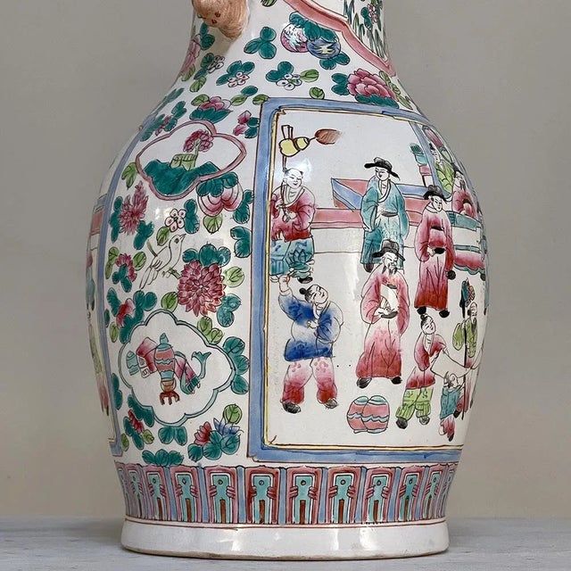 White Antique Chinese Hand-Painted Vases- a Pair For Sale - Image 8 of 13
