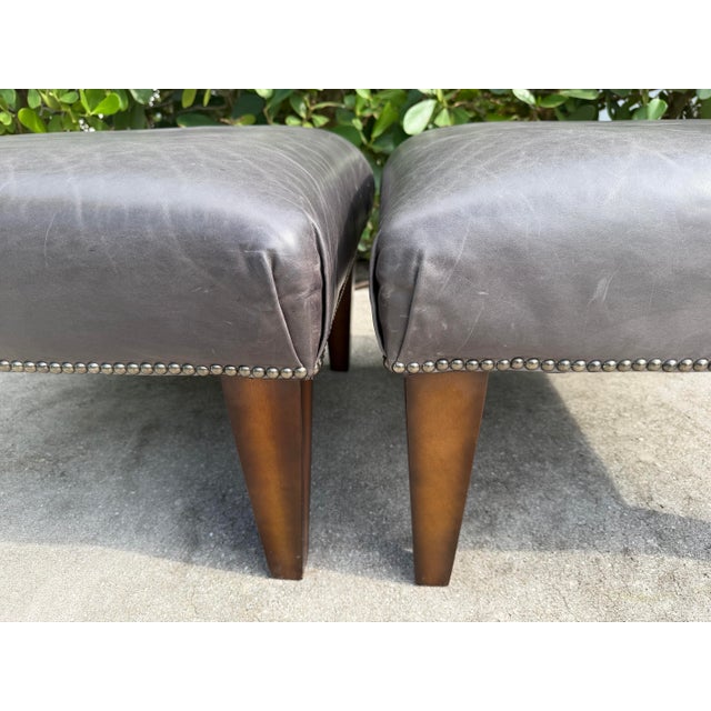 King Hickory Gray Leather Nailhead Ottomans, a Pair For Sale - Image 4 of 12