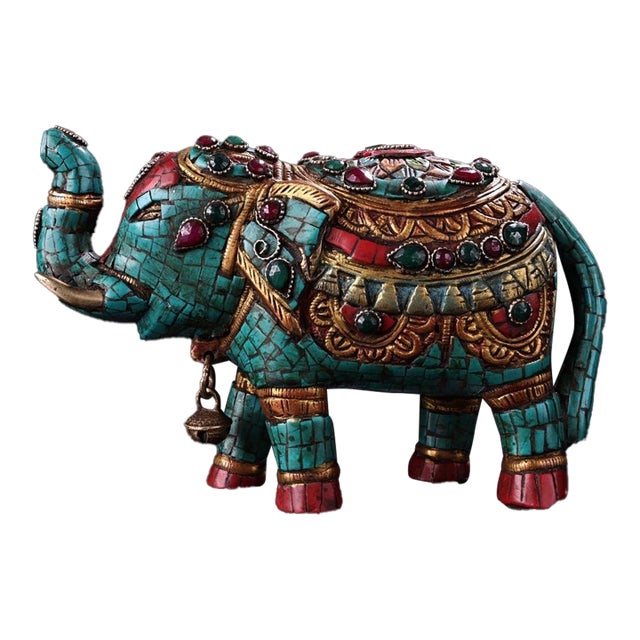 Vintage Himalayan Bronze Elephant Statue With Turquoise & Gemstone Inlay For Sale