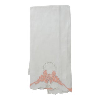 Vintage Hand Applique Peach Flower Basket Hand or Tea Towel For Sale
