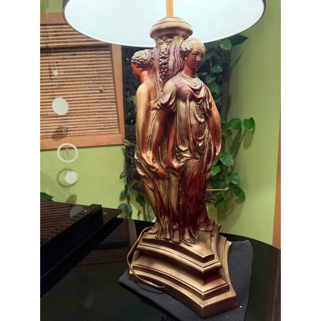 Quartite Creative Corp. 1950 Hollywood Regency Gold Bronze Tone "Three Graces" Heavy Lamp. Purple Silk Shade. Base 34”x12”. Shade 10”x16”. Style of Tony Duquette For Sale - Image 4 of 11