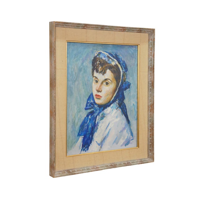 Vintage Thomas J Strickland oil painting on canvas showing a portrait of a young woman with brown hair, dressed in white...