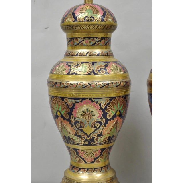 Vintage Brass & Cloisonné Enamel Pink & Blue Jardiniere Urn Table Lamps - Pair For Sale - Image 9 of 14