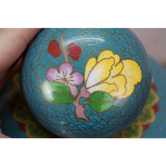 Antique Chinese Brass Cloisonne Enamel Cherry Blossom Ginger Jar Vase Urn 7" For Sale - Image 10 of 16