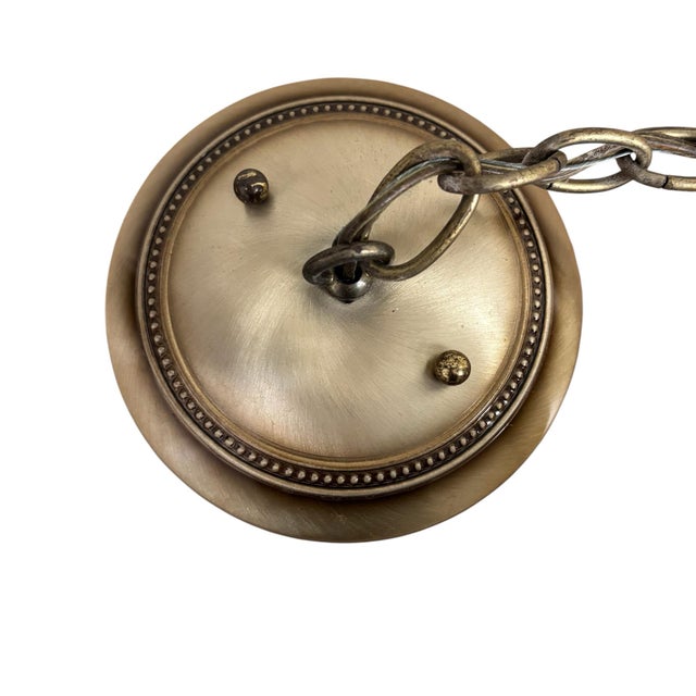 Mid-Century Modern 1950s Art Deco MCM Brass Gold Ribbed Round Frosted White Globe Pendant Lights Fixtures - A Pair For Sale - Image 3 of 12