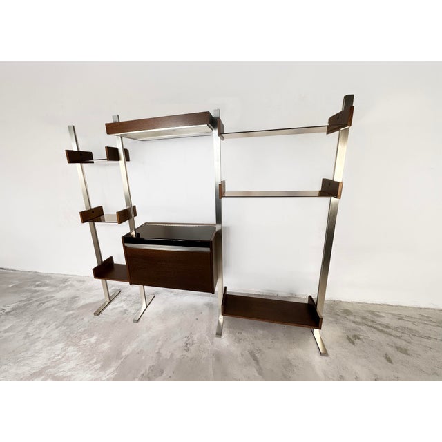 A rare and complete ML80 modular wall system designed by Michel Ducaroy for Ligne Roset, France, 1970s. Brushed aluminum...