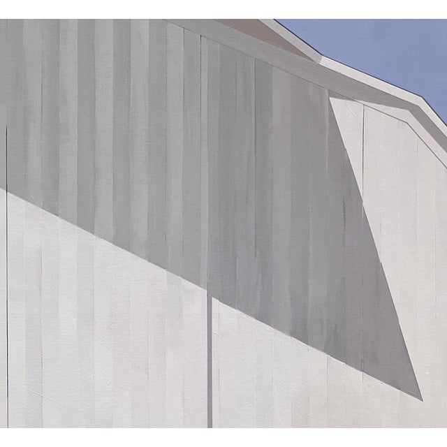 Contemporary Sunrise by Justin Wheatley | Acrylic on Canvas White Barn With Yellow and Blue Quilt Block For Sale - Image 3 of 8